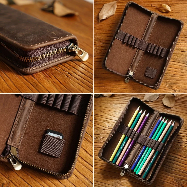 TBD06043600_B4.webp Retro Crazy Horse Leather Square Pencil Case Genuine Leather Zipper Pen box - Image 5