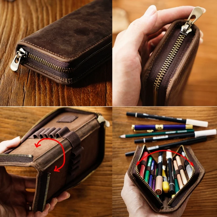 TBD06043600_B5.webp Retro Crazy Horse Leather Square Pencil Case Genuine Leather Zipper Pen box - Image 6
