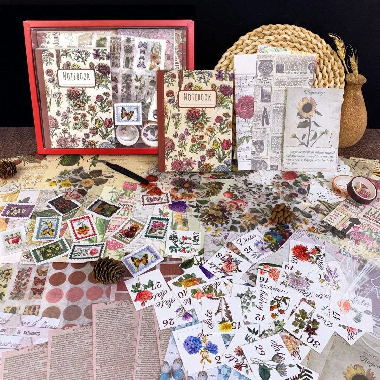 TBD0604367001A.webp 265 In 1 Retro Floral Scrapbook Set Includes A6 Notebook + Stickers + Tape + Stamps + Scrapbook Paper - Image 1
