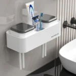 Hotel Toothbrush Rack With Double Cup Desktop Wall Mounted Toothpaste Holder - Image 6