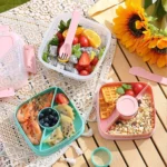 Microwaveable Double Layer Salad Container Picnic Lunch Box with Fork Spoon - Image 9