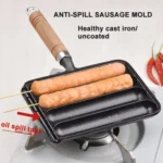 Cast Iron Grill Pan 4-Grid Non-Stick Sausage Grill Pan With Wood Handle - Image 4