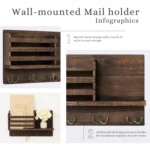 Solid Wood Wall-Mounted Retro Storage Rack Shelf Entryway Mail And Key Holder - Image 3
