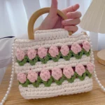 Homemade Tulip Hand Knitting Bag Cloth Strip Line DIY Material Kit With Pearl Shoulder Strap