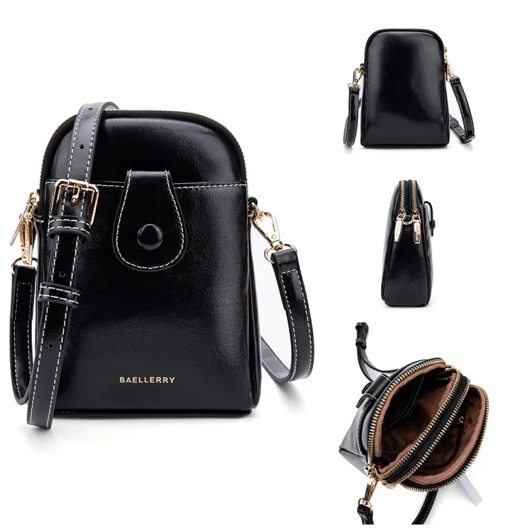 Baellerry N8925 Oil Wax Leather Double Zipper Mobile Phone Bag Shoulder Crossbody Coin Purse