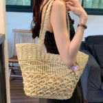 Knitting Straw Shoulder Bag Hollow Wave Large Capacity Tote Bag With Lining - Image 8