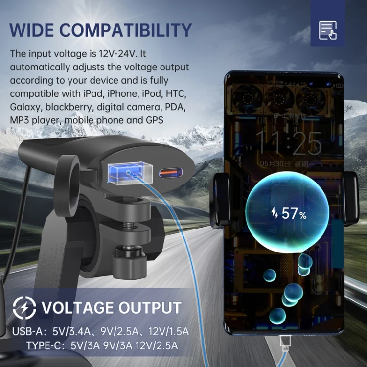 TBD06049706_7.webp Motorcycle PD+USB Fast Charging Mobile Phone Charger Rearview Mirror Extension Bracket - Image 8
