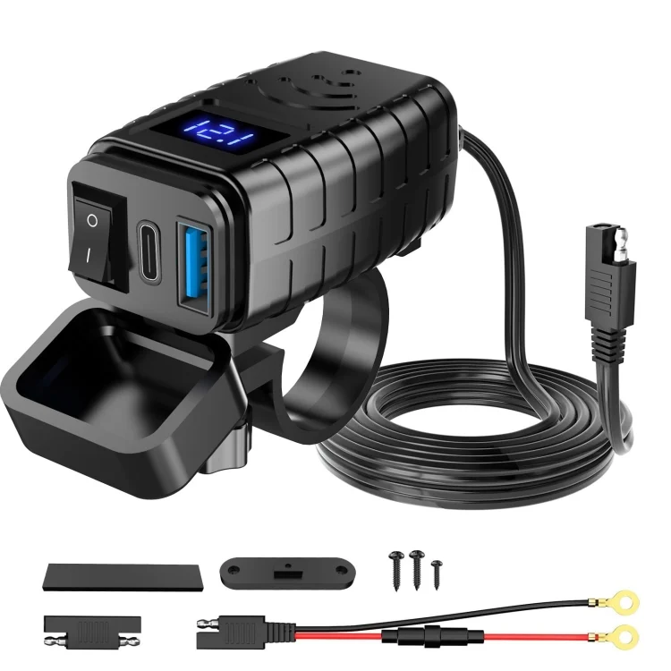 PD3.0 Motorcycle USB Mobile Phone Charger Digital Voltage Meter with Switch