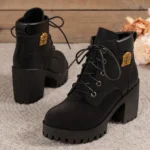 Spring Autumn Women Short Boots Chunky High Heel Leather Boots Lace-up Ladies Shoes - Image 2