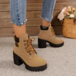 Spring Autumn Women Short Boots Chunky High Heel Leather Boots Lace-up Ladies Shoes - Image 6