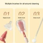 Portable 3 In 1 Food Grade Silicone Bottle Brush Set Multipurpose Baby Bottle Straw Cleaner Brush - Image 6