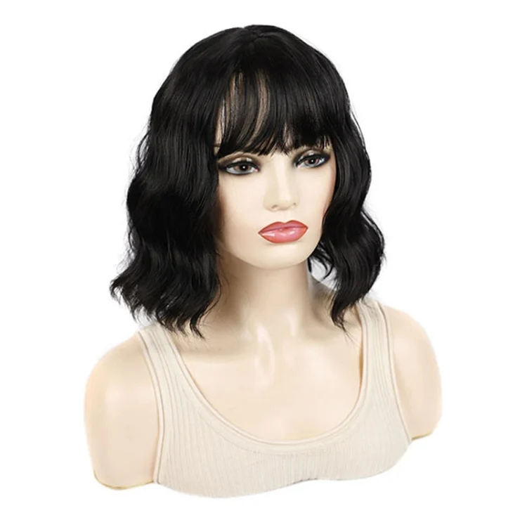 Water Wave Ripple Short Curly Hair With Bangs Fluffy Wig Headcovers