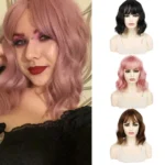 Water Wave Ripple Short Curly Hair With Bangs Fluffy Wig Headcovers - Image 2