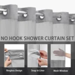 No Hook Waffle Shower Curtain with Removable Lining for Bathroom - Image 2