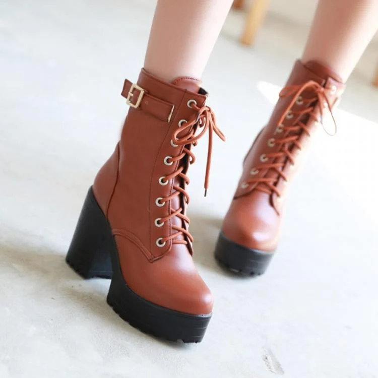 Women Lace-up Short Boots High Heels Platform Buckle Ladies Leather Boots