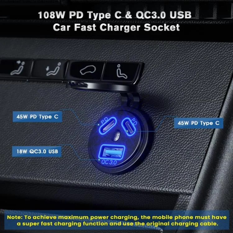 TBD06056203_B2.webp Kewig P22A 12-24V Vehicle Motorcycle Boat Modified Dual PD+QC3.0 3-Port Car Charger With Switch - Image 3