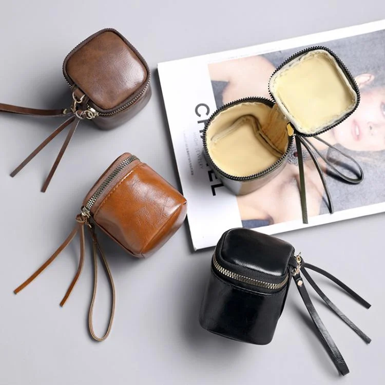 TBD06056706_B1.webp Oil Wax PU Leather Portable Bucket Bag Mini Retro Lipstick Earphone Bag Small Objects Storage Coin Purse - Image 2