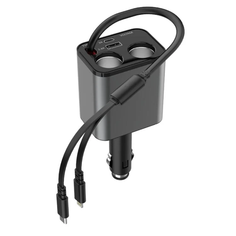 120W 1 To 2 Retractable USB Car Fast Charging Charger With Cigarette Lighter