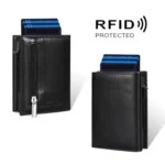 Pop-Up RFID Blocking Card Bag Wallet Genuine Leather & Aluminum Card Holder Zipper Coin Bag