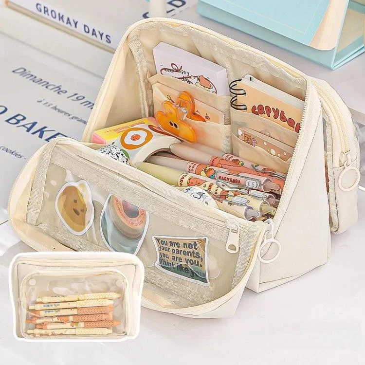 Large Capacity Pen Pouch With Detachable Transparent Layer Simple Stationery Pouch For Students