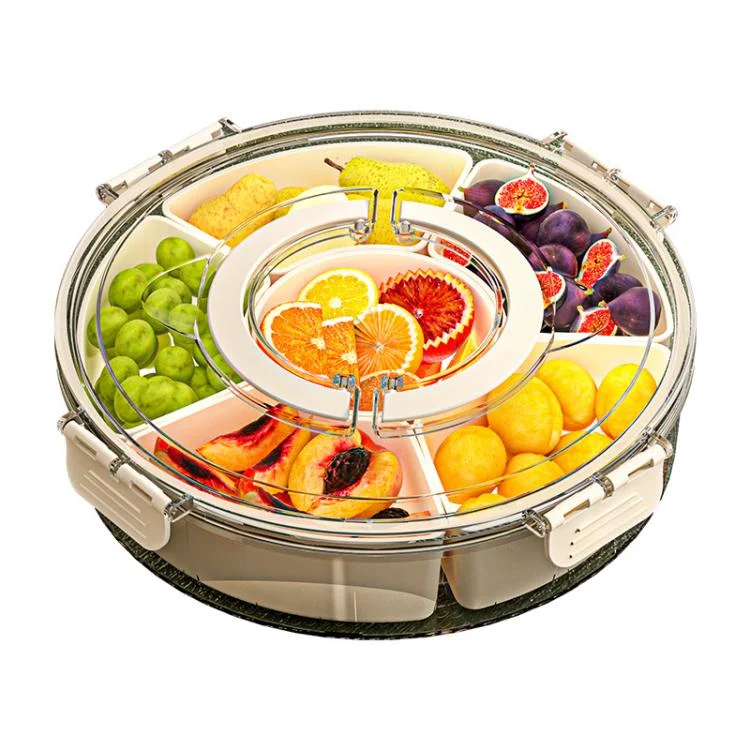 TBD0606270701A.webp 360-Degree Rotating 6-Compartment Snack Tray with Handle & Airtight Lid – Round Portable Food Storage Container for Fruits, Nuts, Candy - Image 1