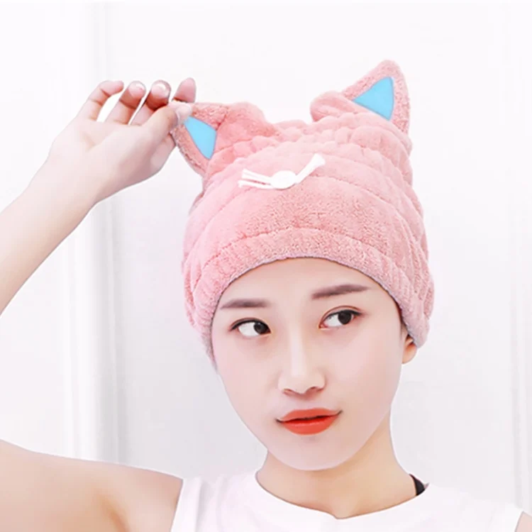 TBD074224801A.webp Coral Fleece Soft Absorbent Cat Ear Dry Hair Cap Thickened Adult Shower Cap - Image 1