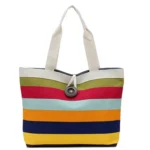 Color Canvas Stripe Contrast Color Shoulder Bag Large Capacity Handbag Green Shopping Bag - Image 2