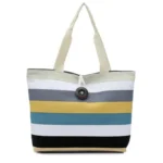 Color Canvas Stripe Contrast Color Shoulder Bag Large Capacity Handbag Green Shopping Bag - Image 3