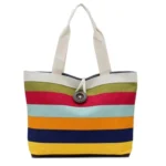 Color Canvas Stripe Contrast Color Shoulder Bag Large Capacity Handbag Green Shopping Bag - Image 4