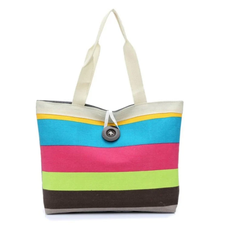 TBD097736201_B4.webp Color Canvas Stripe Contrast Color Shoulder Bag Large Capacity Handbag Green Shopping Bag - Image 5