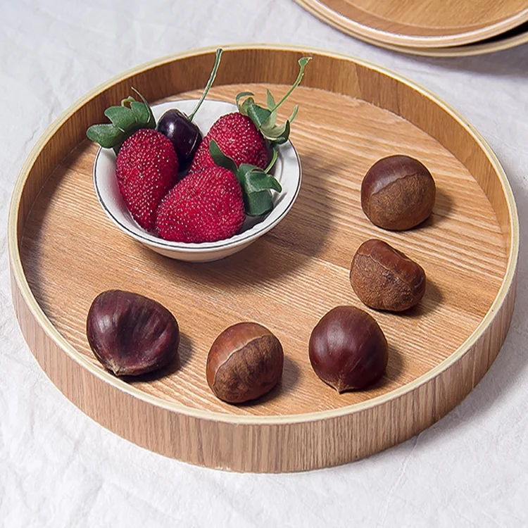 TST10394.webp Creative Round Solid Wood Tea Tray Hotel Wooden Tay Storage Tray, Diameter: 33cm - Image 1