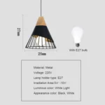 E27 Modern Lighting Iron Solid Wood Pendant Light Hanging Lamp - Image 3