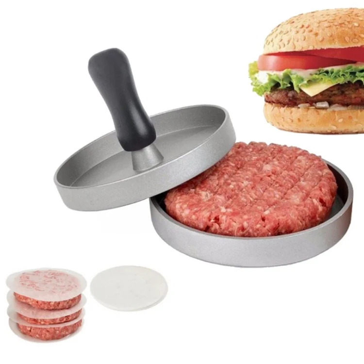 ZY6513887.webp Household Food Grade Aluminum Alloy Kitchen Non-stick Coating Pressure Meat Patty Cake Hamburger Mold with 40 PCS Sided Silicone Papers - Image 1