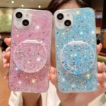 Starry Sequin Round Mirror Stand Epoxy TPU Phone Case - Image 3