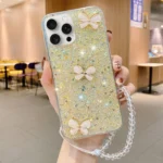 Starry Sequin Jade Butterfly Epoxy TPU Phone Case with Strap