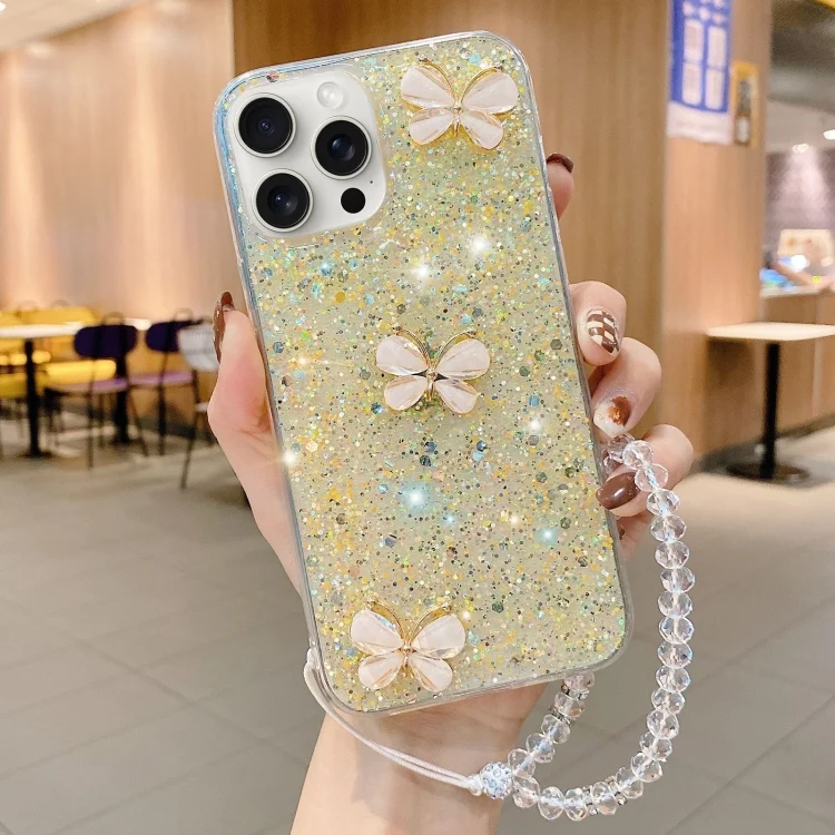 EDA005834817A.webp Starry Sequin Jade Butterfly Epoxy TPU Phone Case with Strap - Image 1