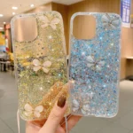 Starry Sequin Jade Butterfly Epoxy TPU Phone Case with Strap - Image 3